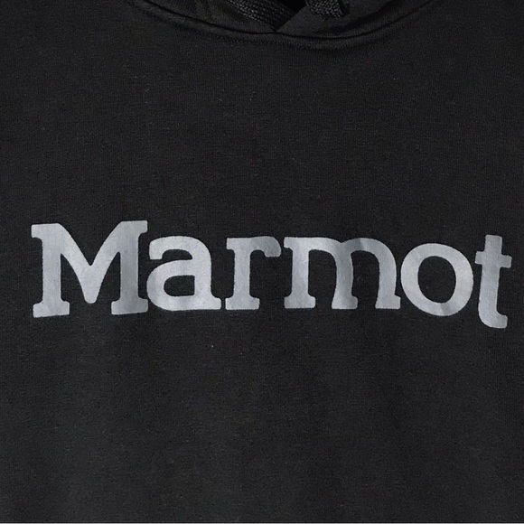 Marmot Black Pullover Hoodie Branded Grey Spellout Outdoors Cotton Blend Large - Picture 2 of 11